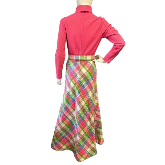 Vintage 60s 70s mod Pink Turtleneck Plaid Maxi Dress One piece Belted Retro - Picture 6 of 11